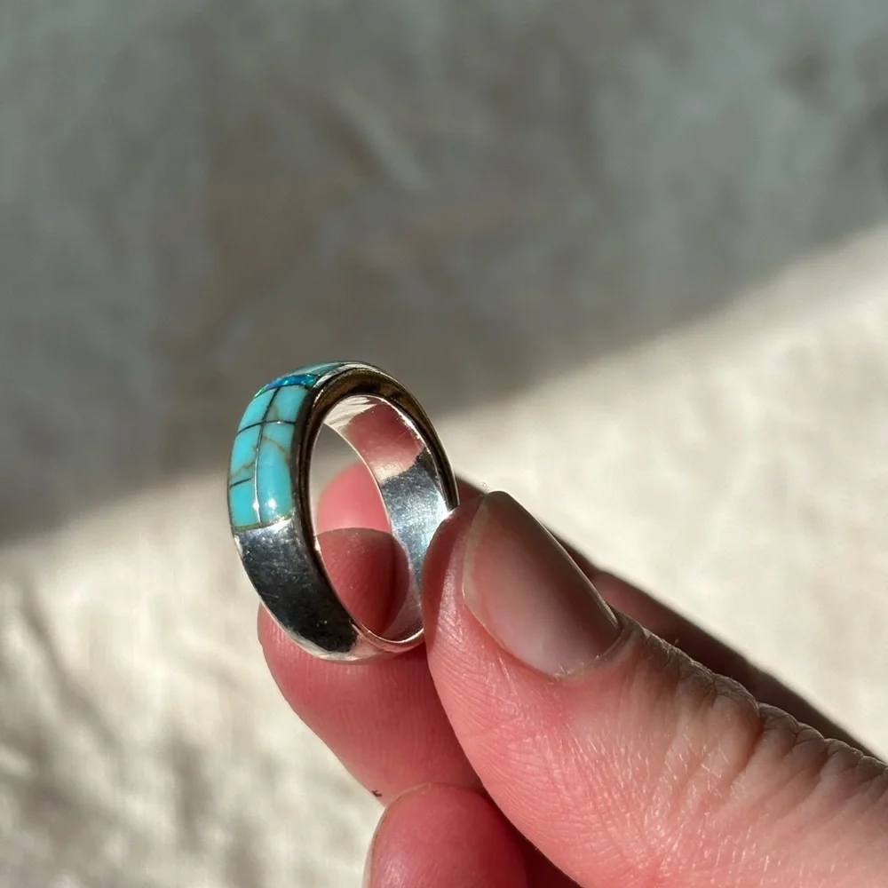 Turquoise and Opal Inlay Sterling Silver Ring Size 5 - Picture 3 of 5